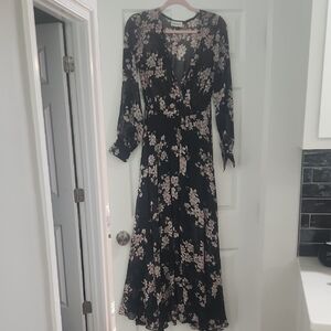 Pink and Black Tiered Wrap Dress with Bishop Sleeves